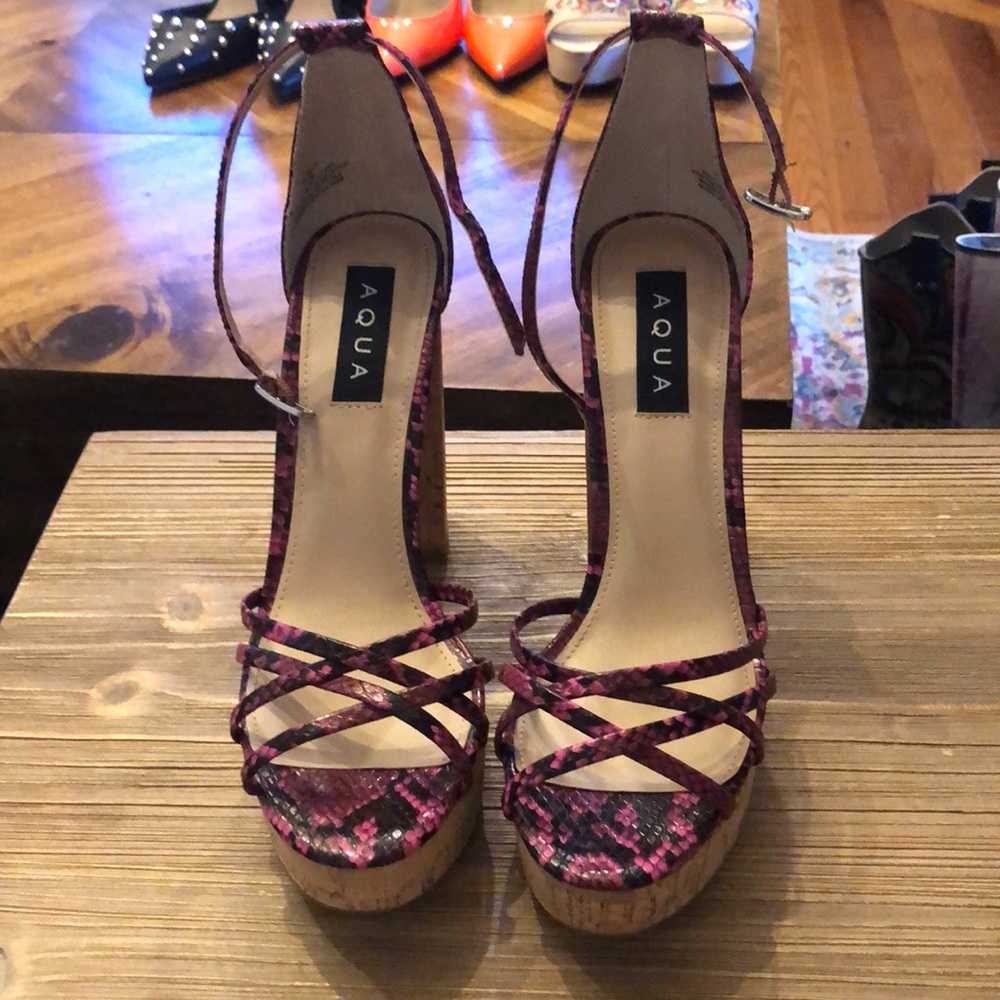 Aqua pink snake skin sandals